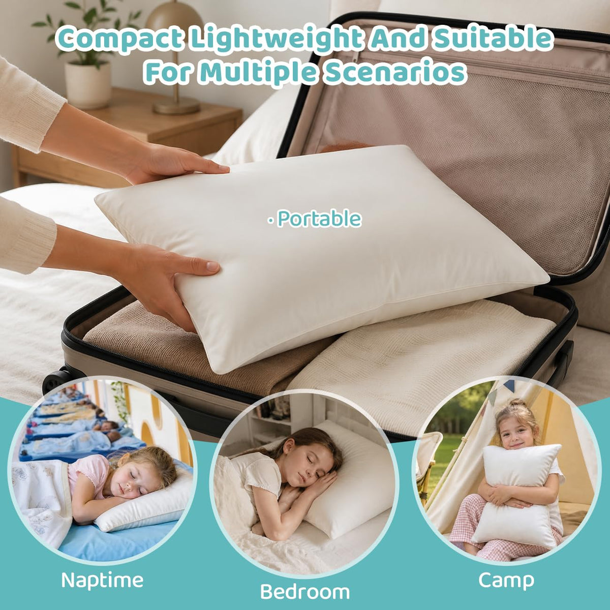 LOFE pillow on a kid's bed, illustrating daily use and size fit.