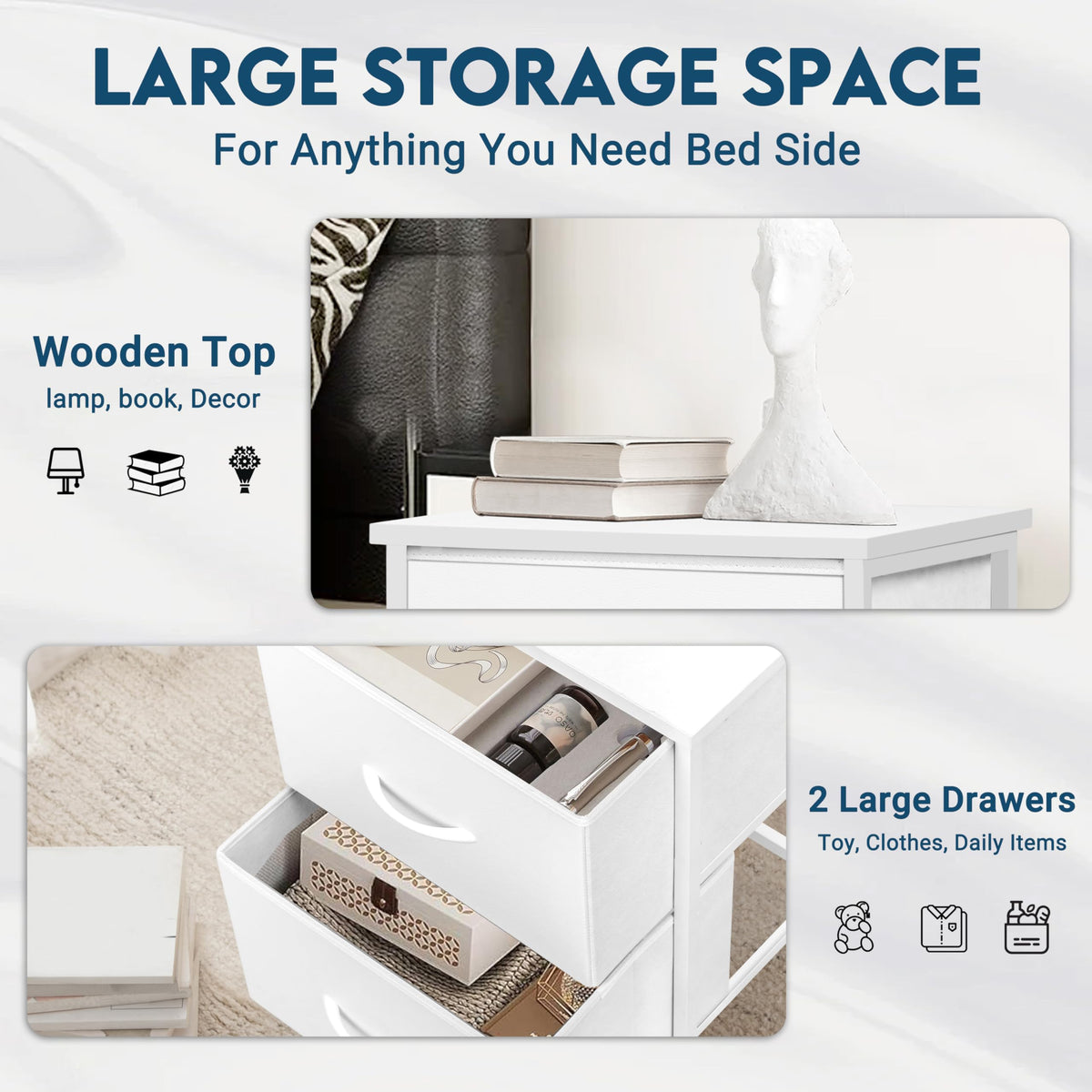 LOFTEY white nightstand placed in a tidy bedroom for a clean look