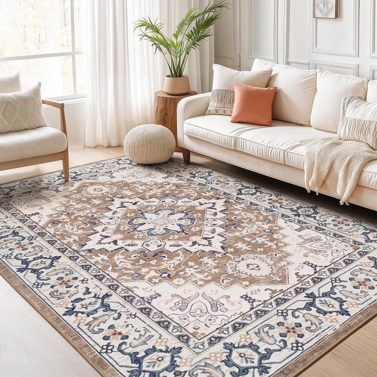 Lofus floral brown medallion 5x7 rug with soft fibers for cozy living rooms