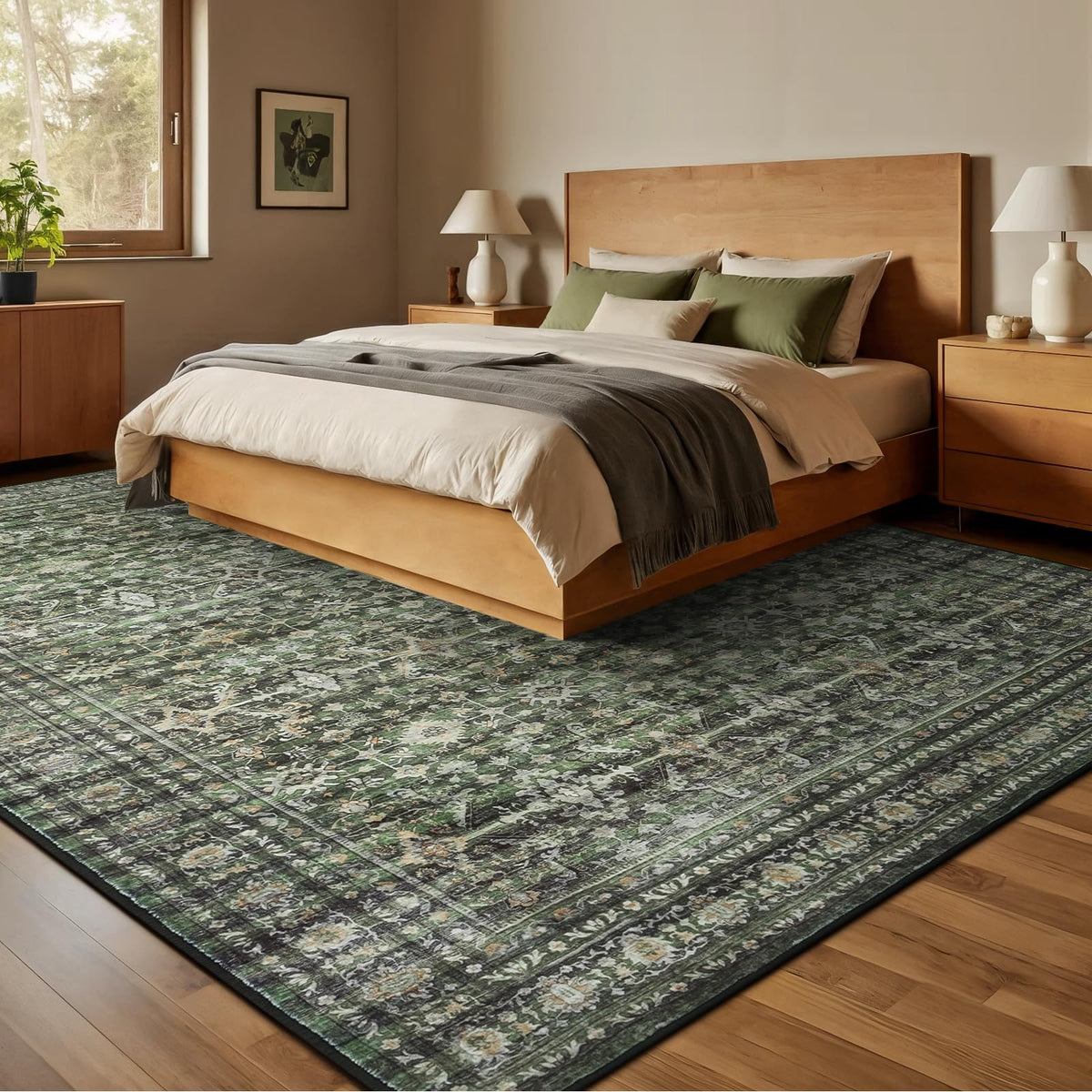 Lofus green washable rug with non-slip backing keeps dining and kitchen areas safe.