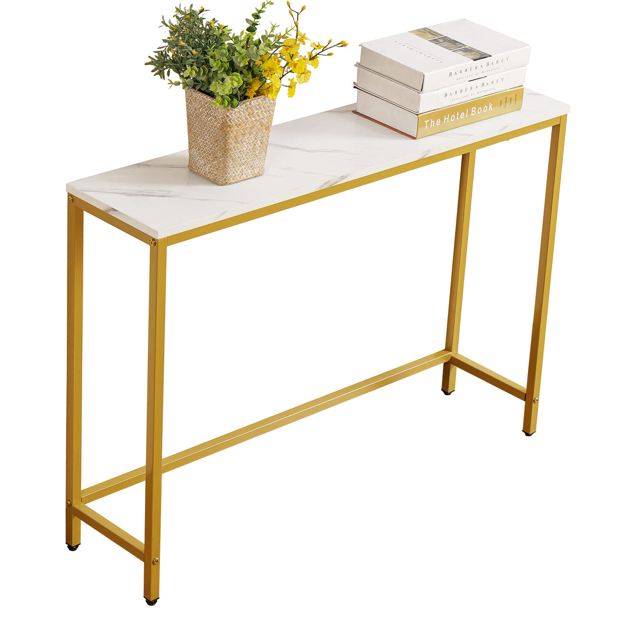 Loglus small console table with faux marble top for an entryway display.