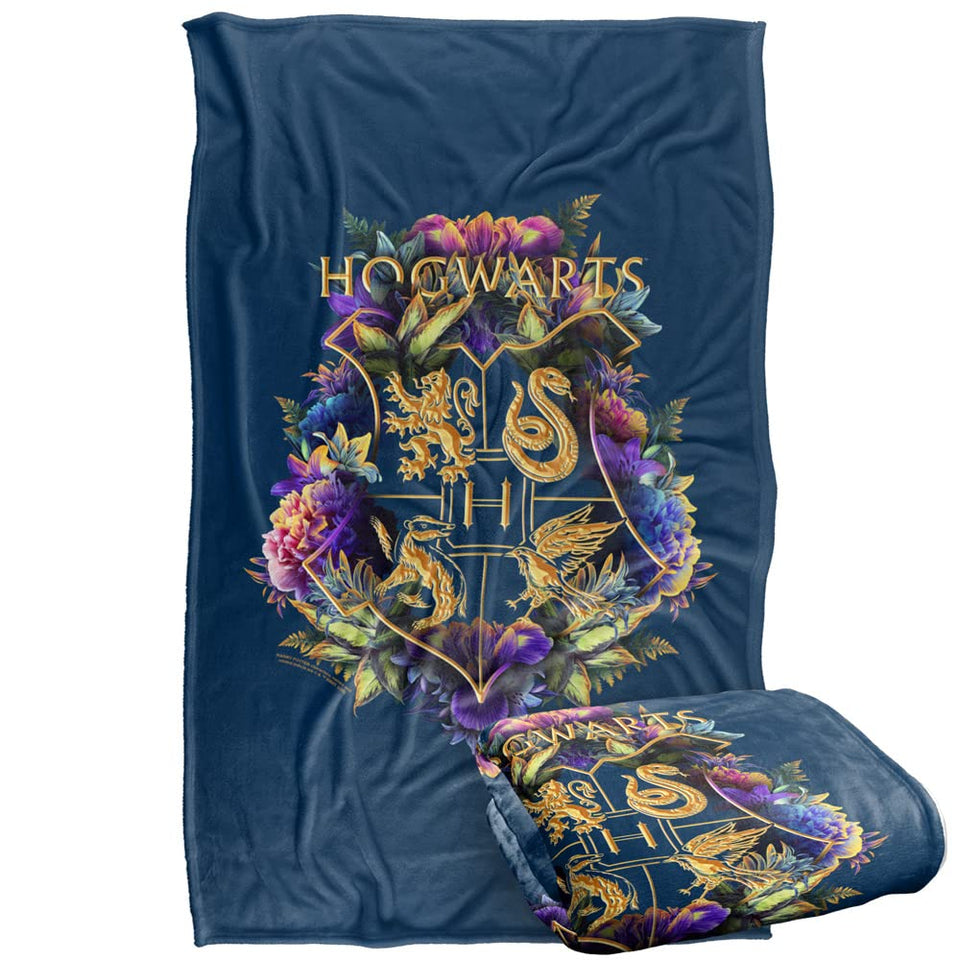 LOGOVISION Harry Potter Hogwarts floral crest blanket in blue, cozy 36x58 throw for chilly nights