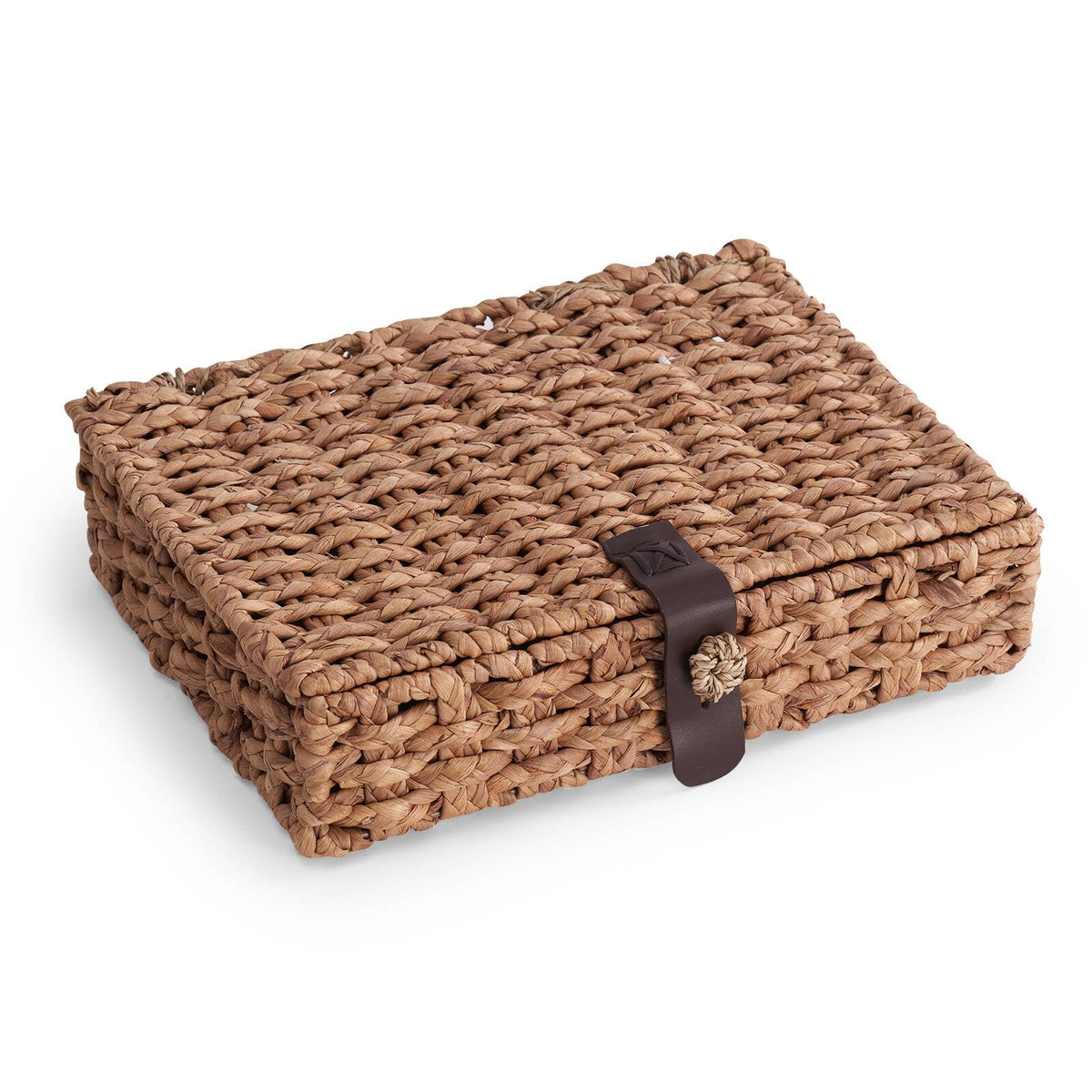 LOHONER decorative box lid closeup showing natural wicker and leather strap closure for stylish storage.