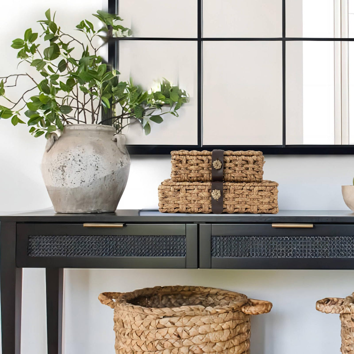 LOHONER woven storage box on shelf demonstrates versatile organization and warm texture.