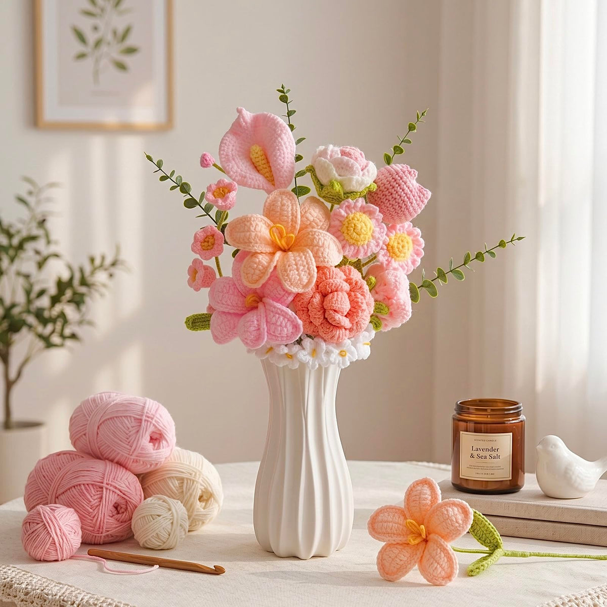Loiiatto forget-me-not crochet flower detail, gentle pastel appeal.