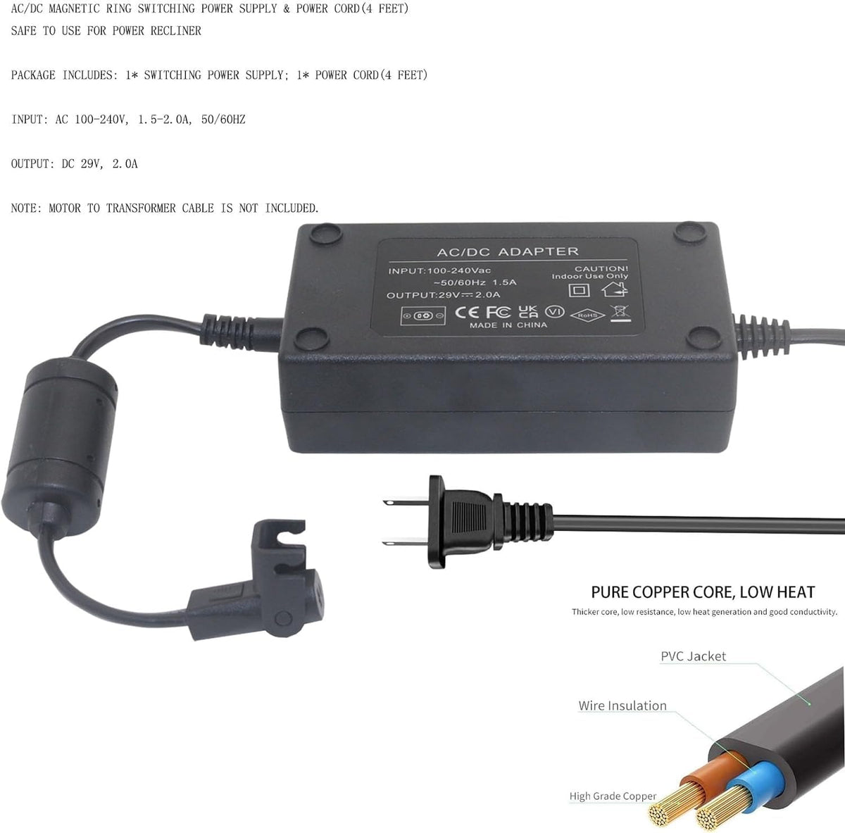 Lojiraz 29V 2A recliner power supply delivers stable DC power for smooth operation.