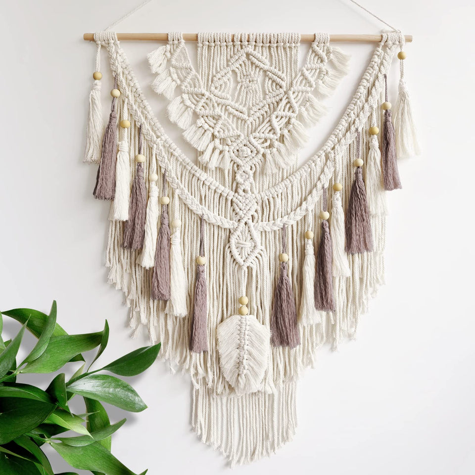 Lokeisna macrame wall hanging full view in beige and dusty rose for Boho walls