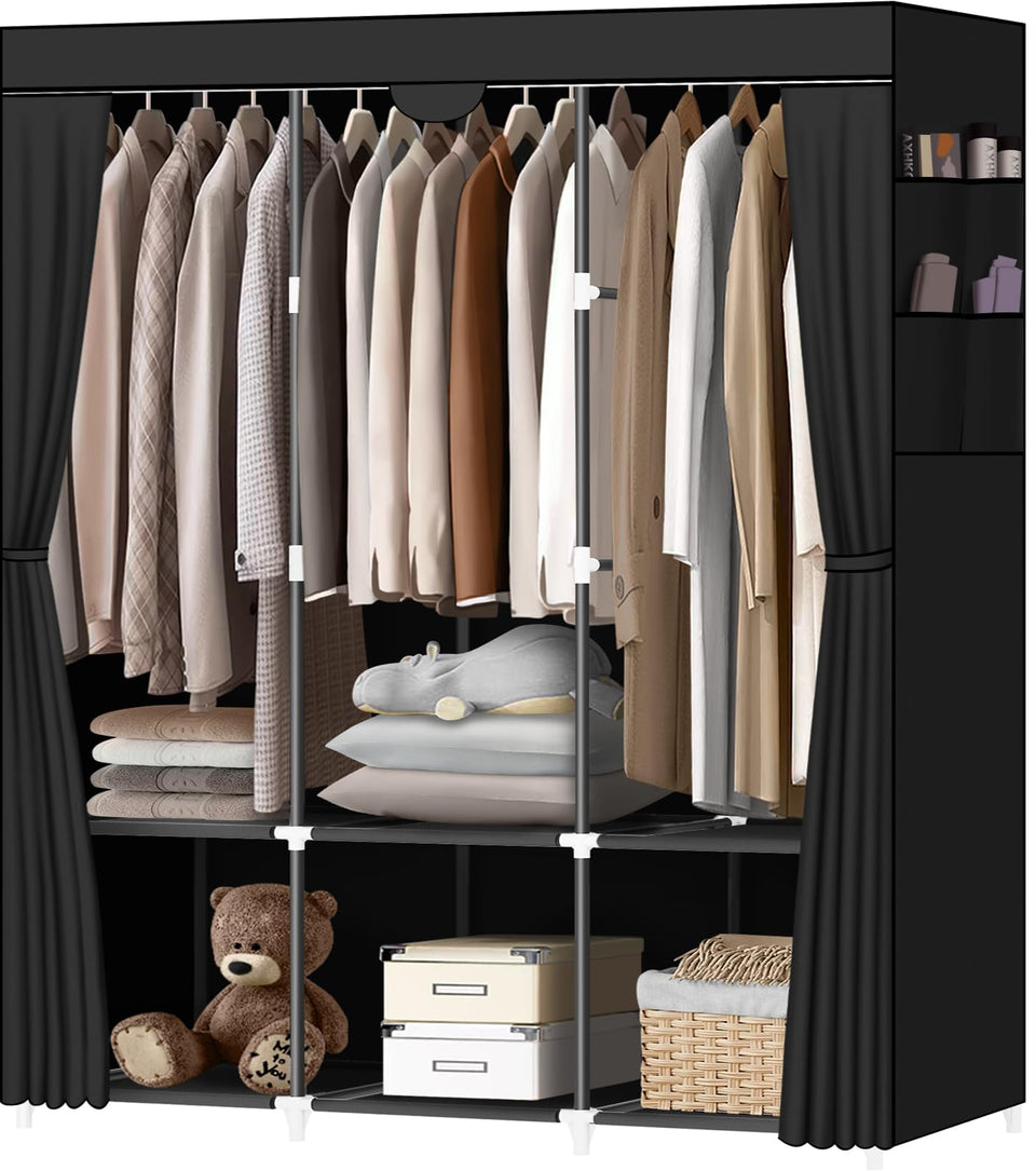 Lokeme portable closet with three-rod hanging system keeps shirts and coats neatly organized.