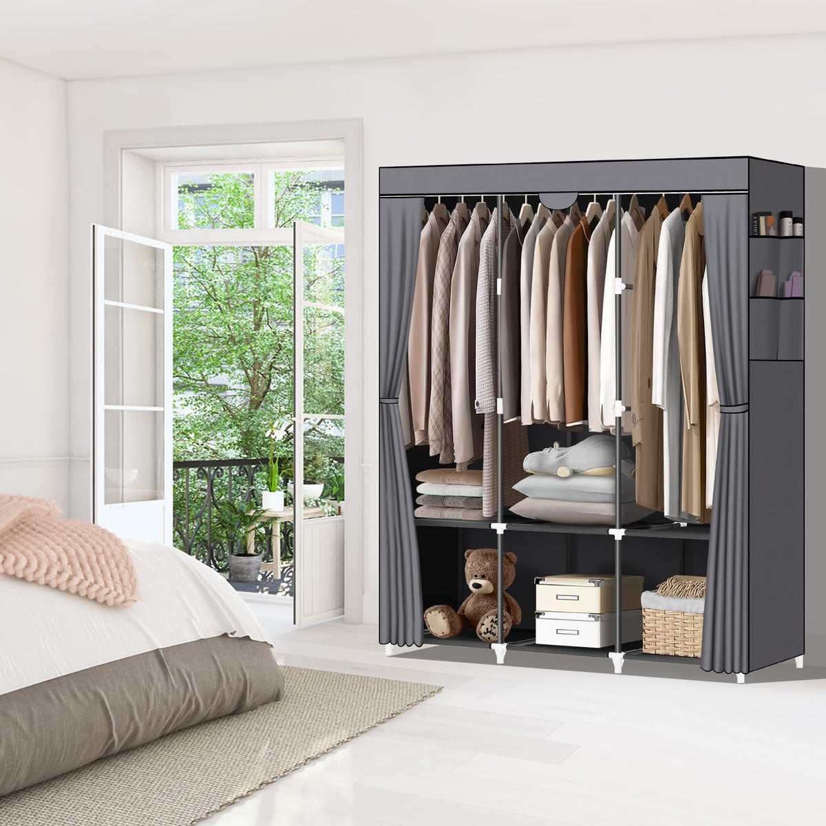 LOKEME wardrobe closet with 3 hanging rods provides versatile clothing storage.