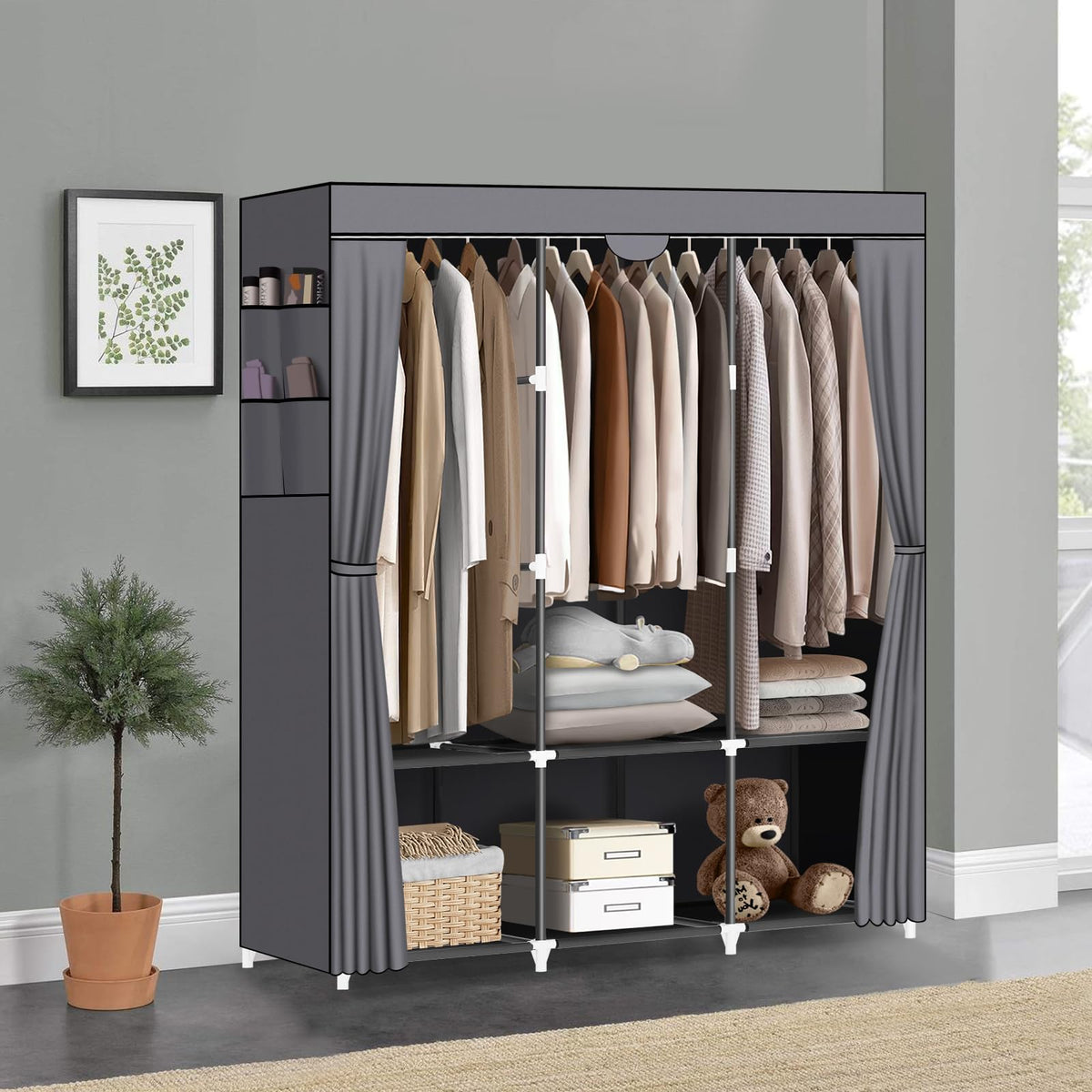 LOKEME wardrobe closet with 6 storage shelves keeps folded items organized.