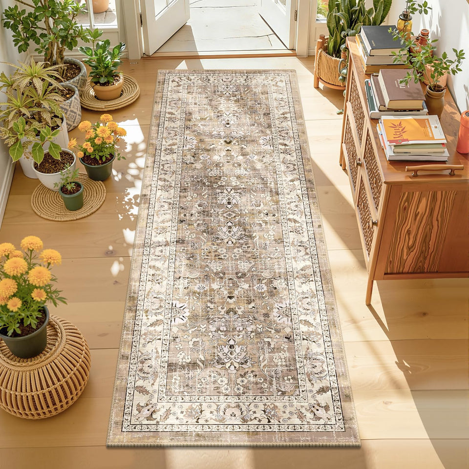 LOKHOM washable runner rug 2x6 beige-brown for non-slip hallways.