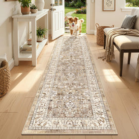 LOKHOM washable runner rug in beige and brown with non-slip backing for entryways.