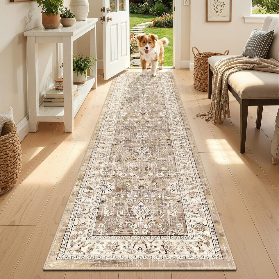 LOKHOM washable runner rug in beige and brown with non-slip backing for entryways.