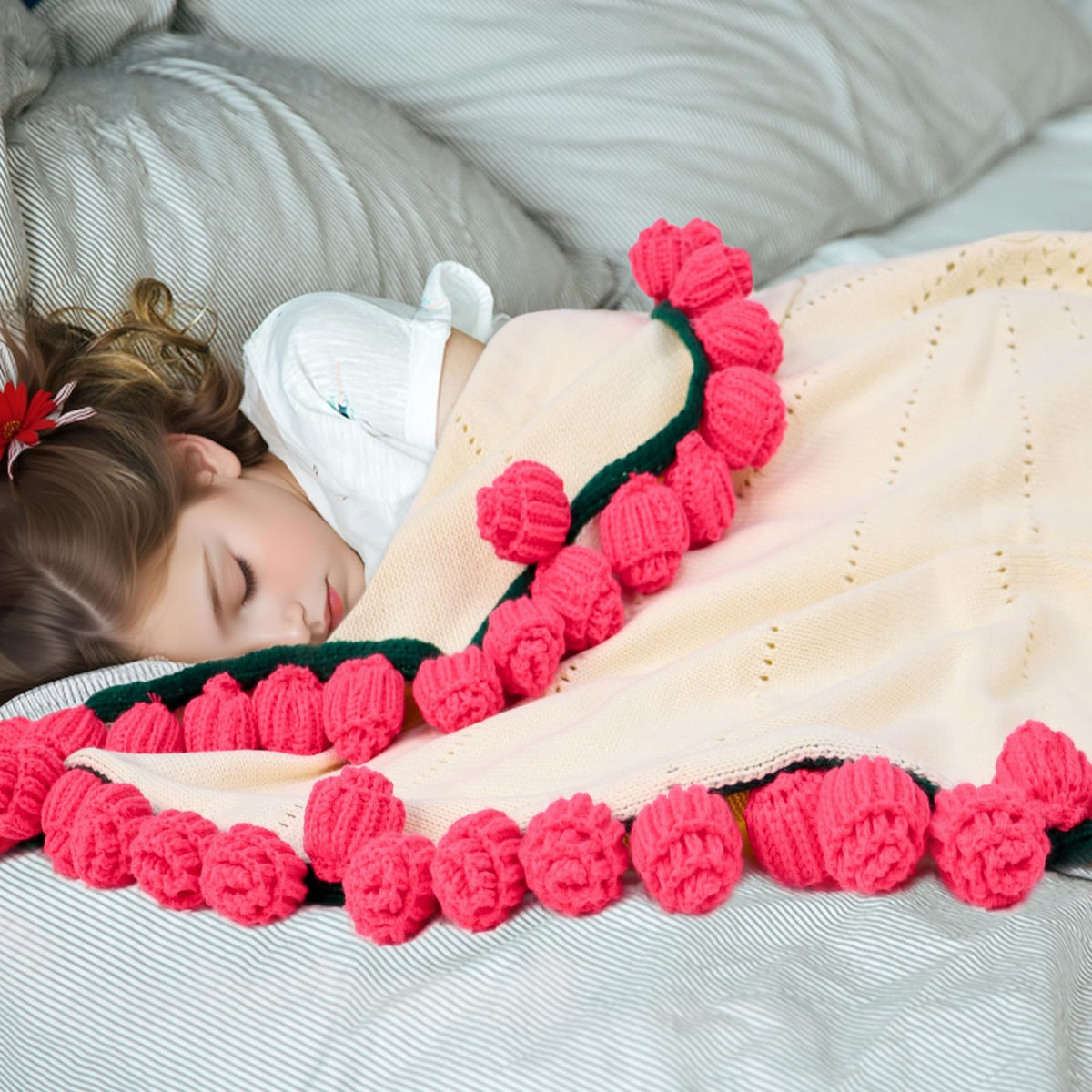 LOKOZ colorful crochet roses stay bright as a lasting accent.