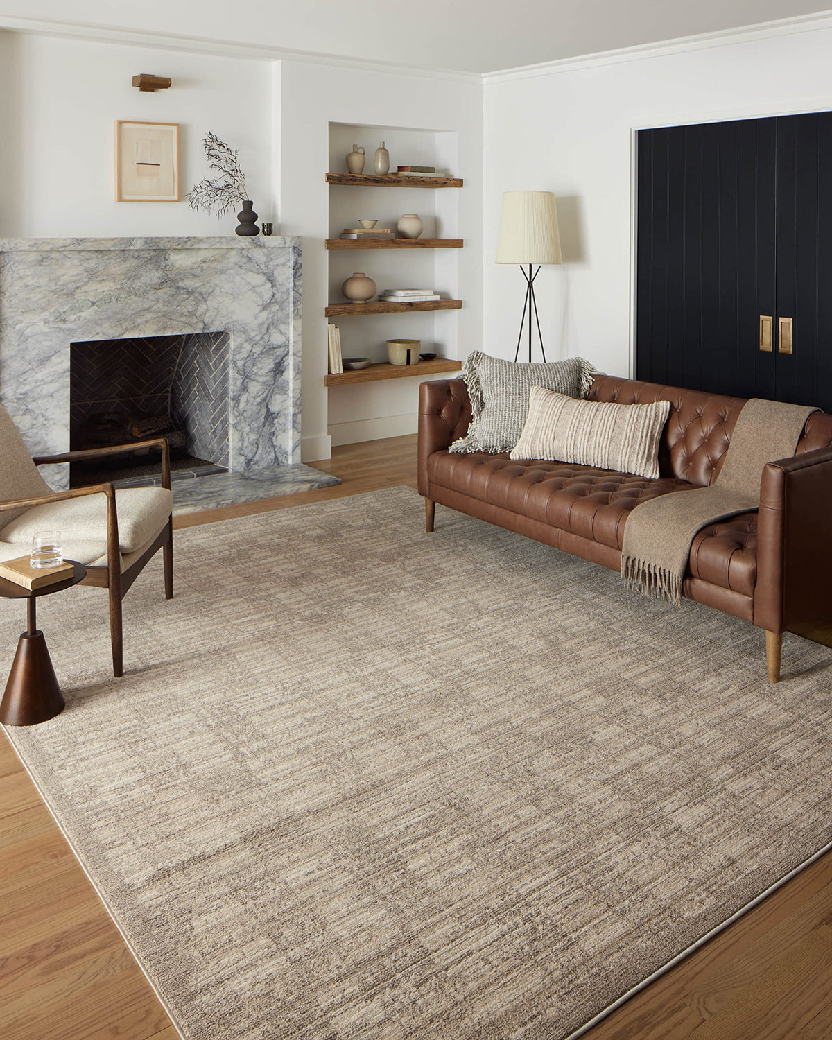 Loloi Darby 07 pebble sand rug highlights neutral tones for versatile living rooms.