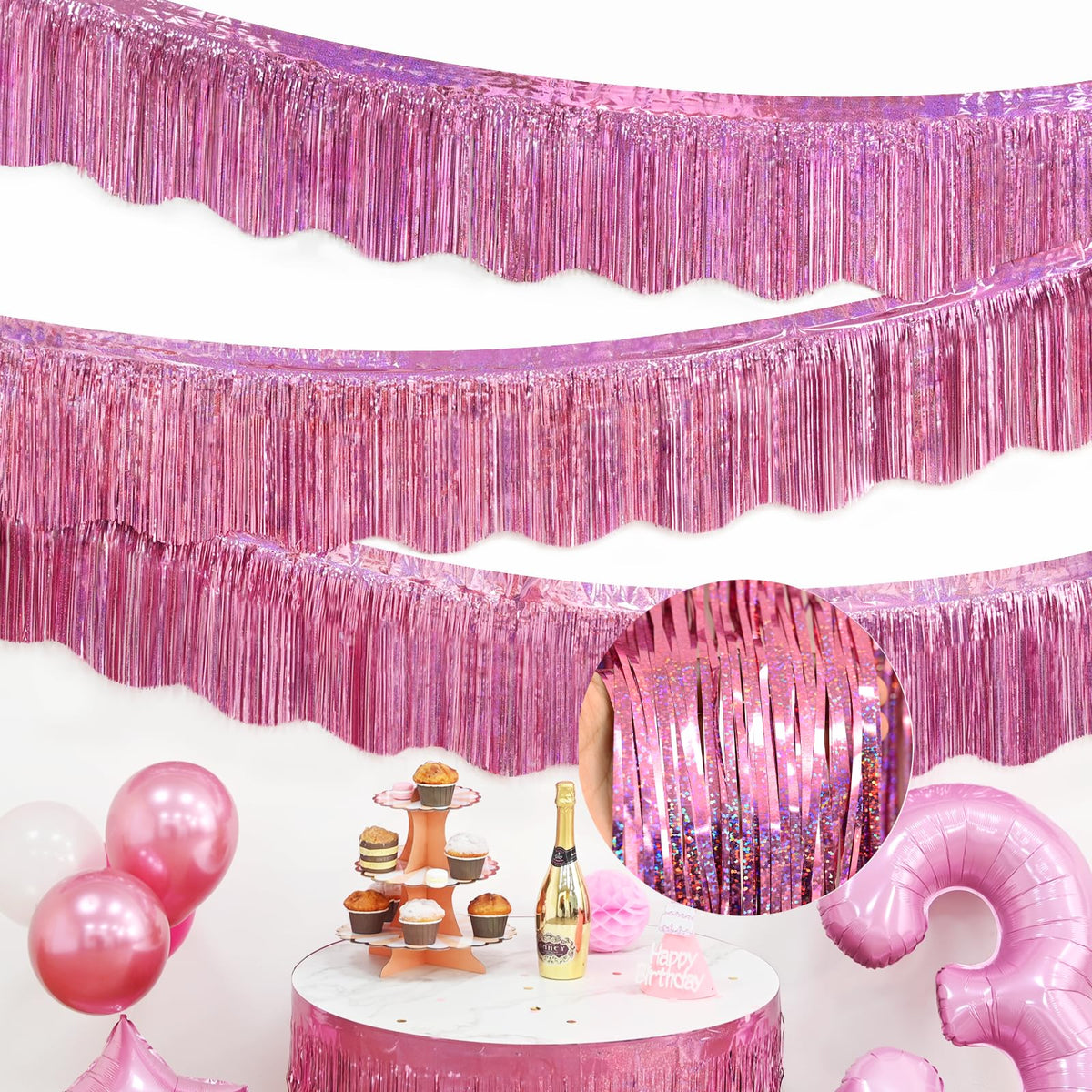 LOLStar 59ft pink tinsel streamers offer a long, seamless decoration for large venues.