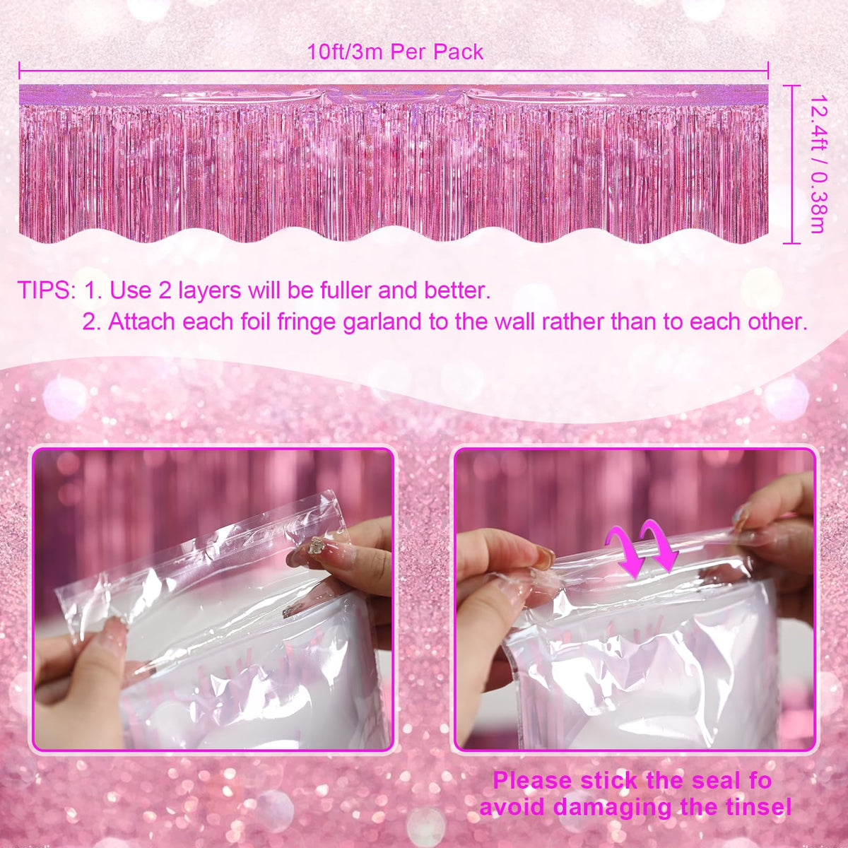 LOLStar close-up pink fringe shows shiny texture and easy-drape maintenance.