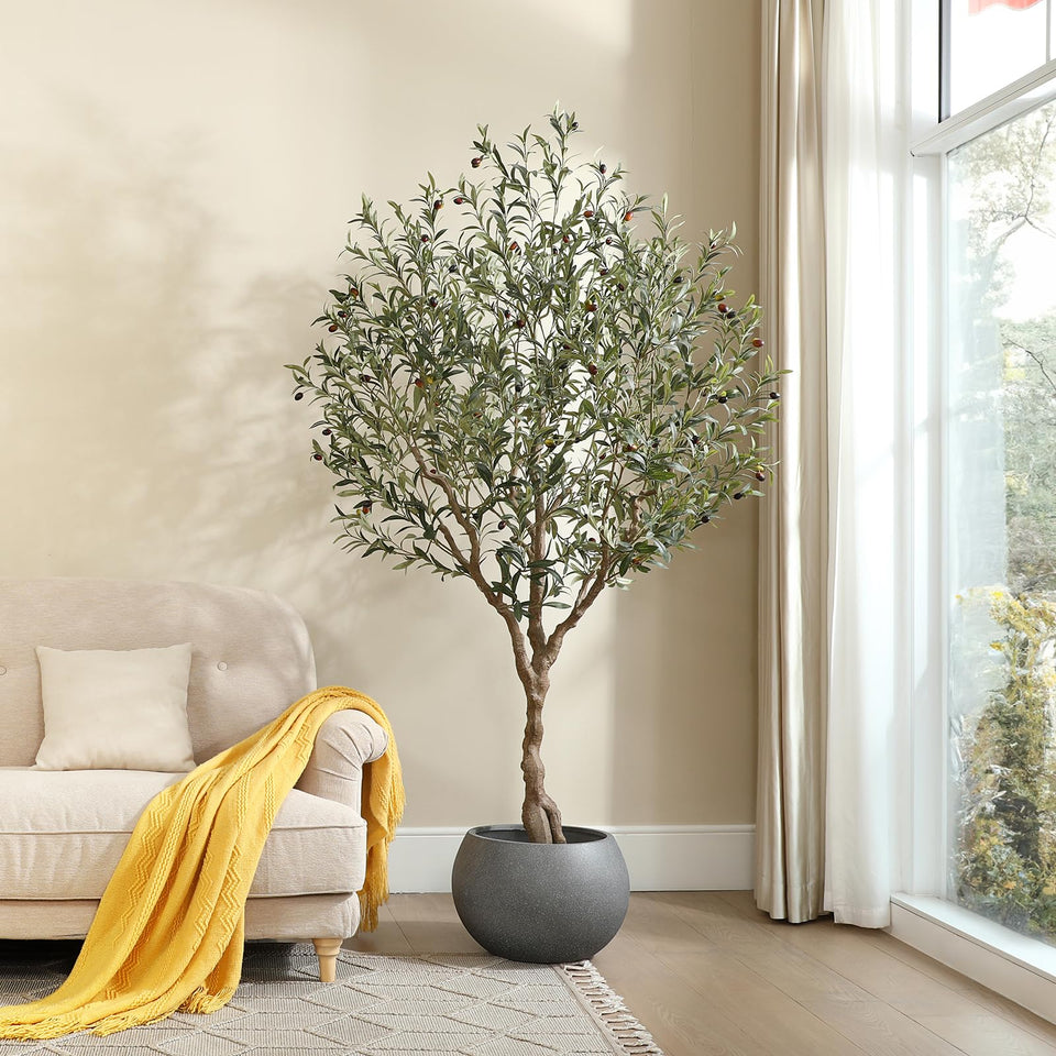 LOMANTO 7ft artificial olive tree in pot enhances room ambiance.