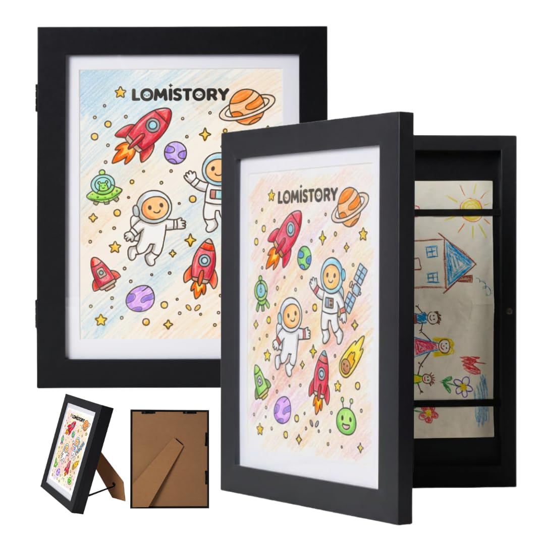 LOMISTORY kids art frame 2-pack front opening showcasing artwork with easy rotation