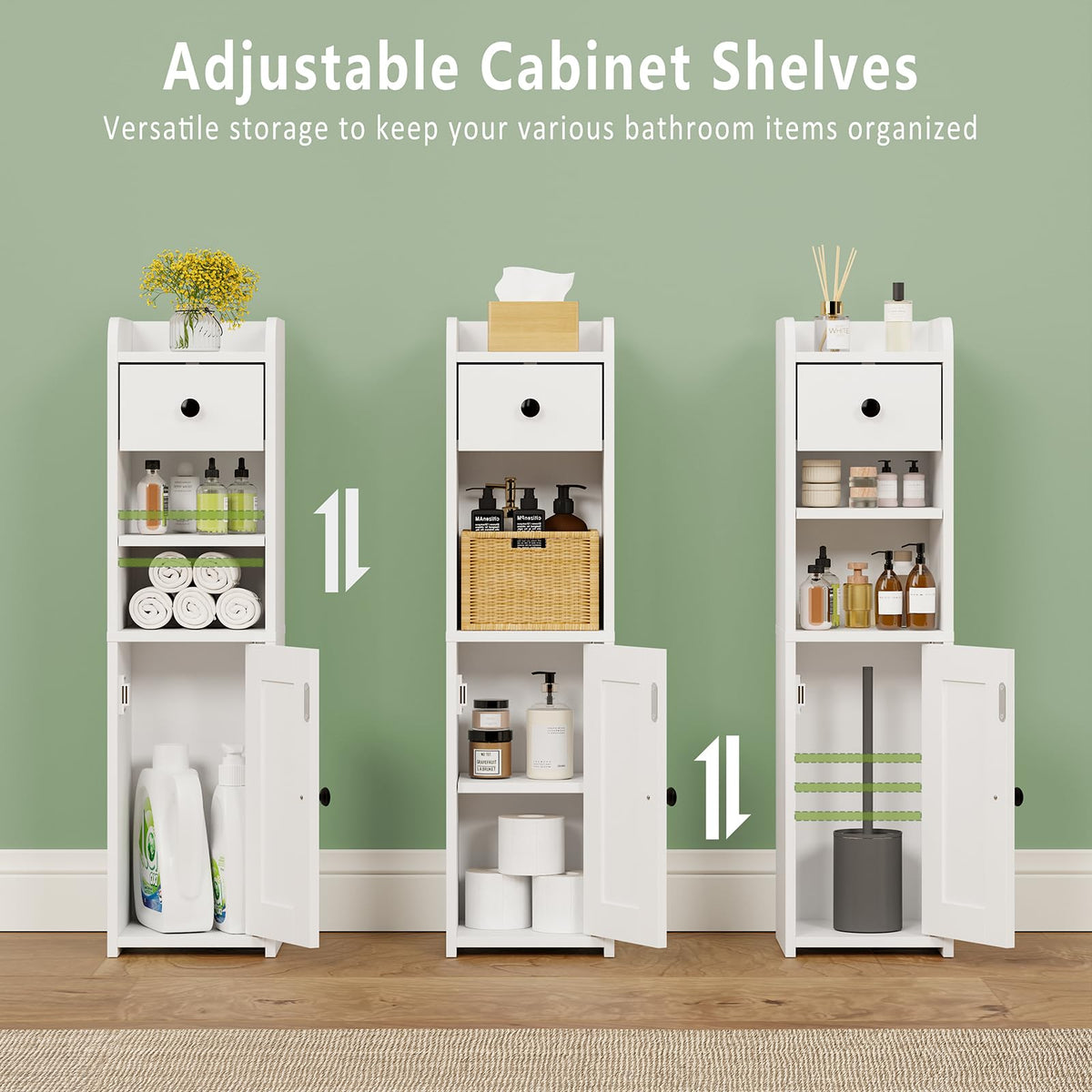 Lomojo adjustable shelves inside the cabinet for varying item heights.