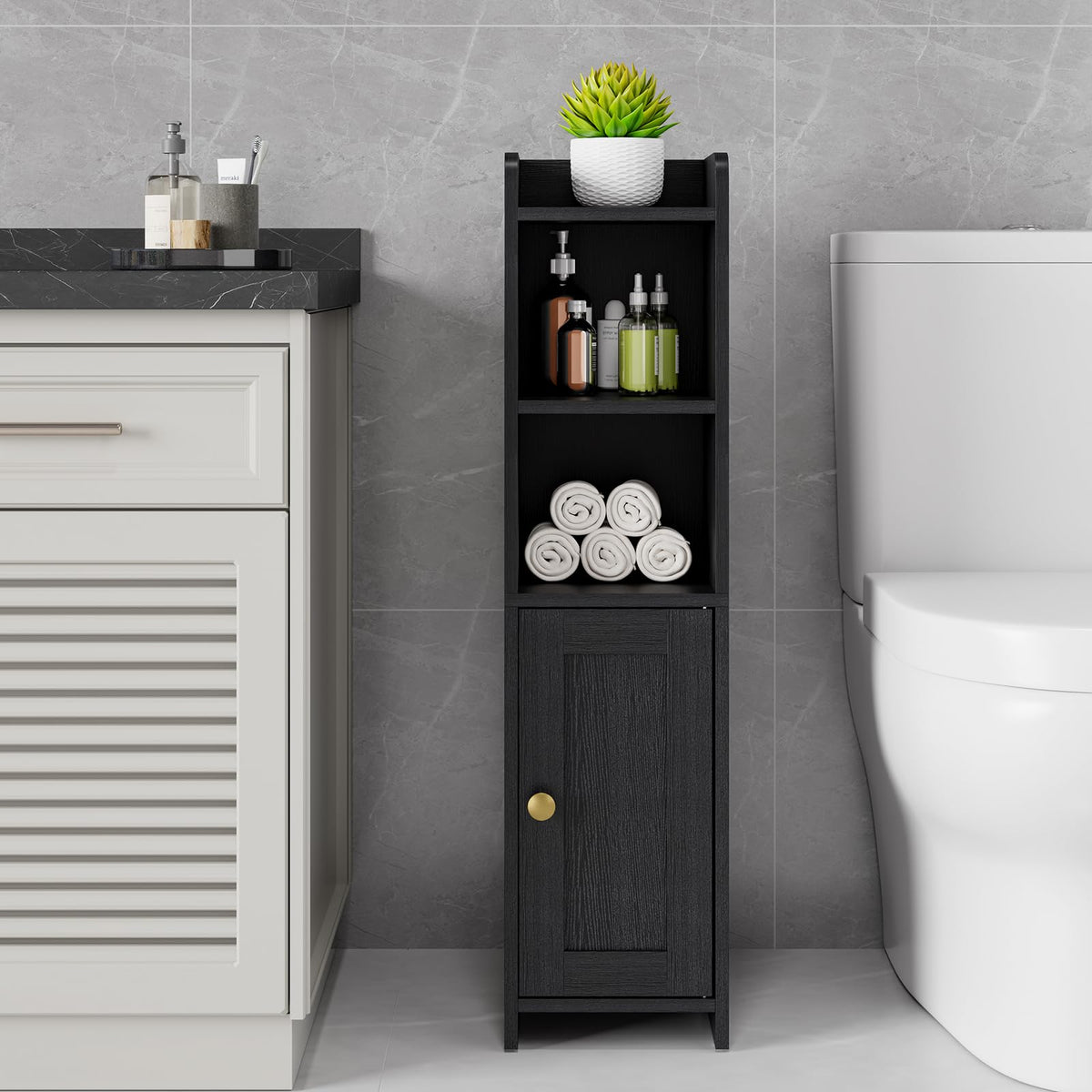 Lomojo small bathroom storage cabinet 30.9h dimension emphasizes tall, space-efficient design