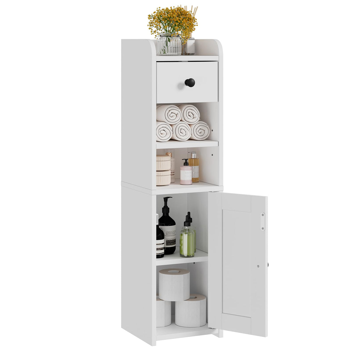 Lomojo small bathroom storage cabinet viewed from the front showing compact footprint.