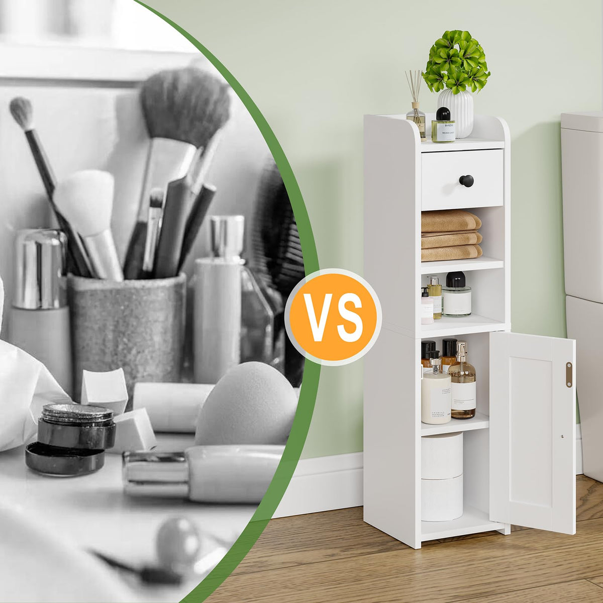 Lomojo slim cabinet supported by sturdy metal brackets for stability.