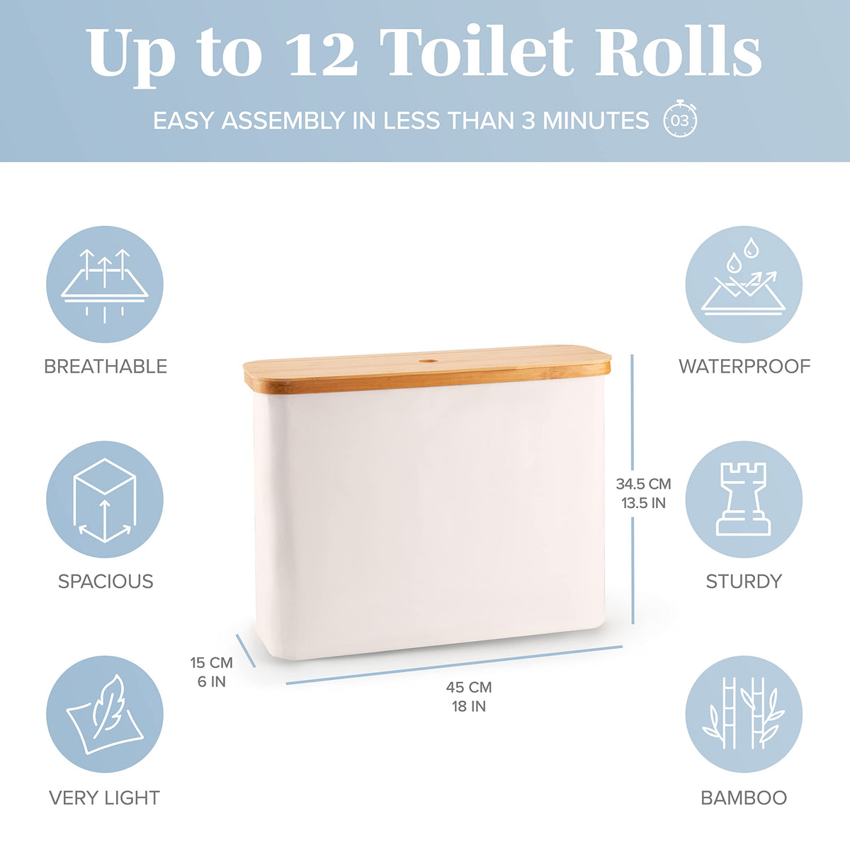 Lonbet waterproof basket with bamboo lid protecting contents in a damp bathroom.