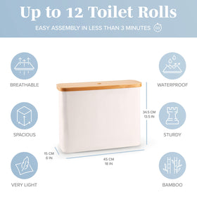 Lonbet waterproof basket with bamboo lid protecting contents in a damp bathroom.