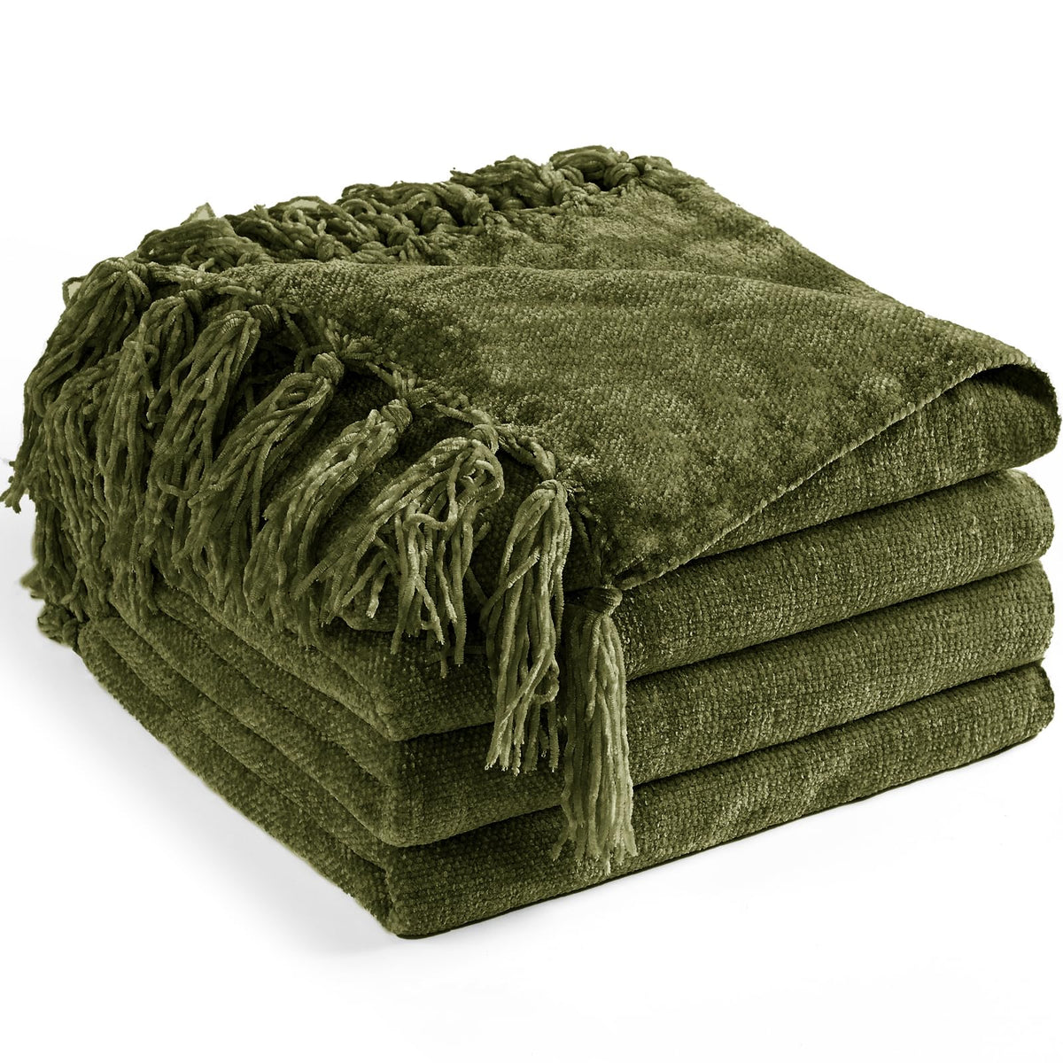 LONG CREATE Chenille Throw Blanket in olive green on a couch for cozy warmth