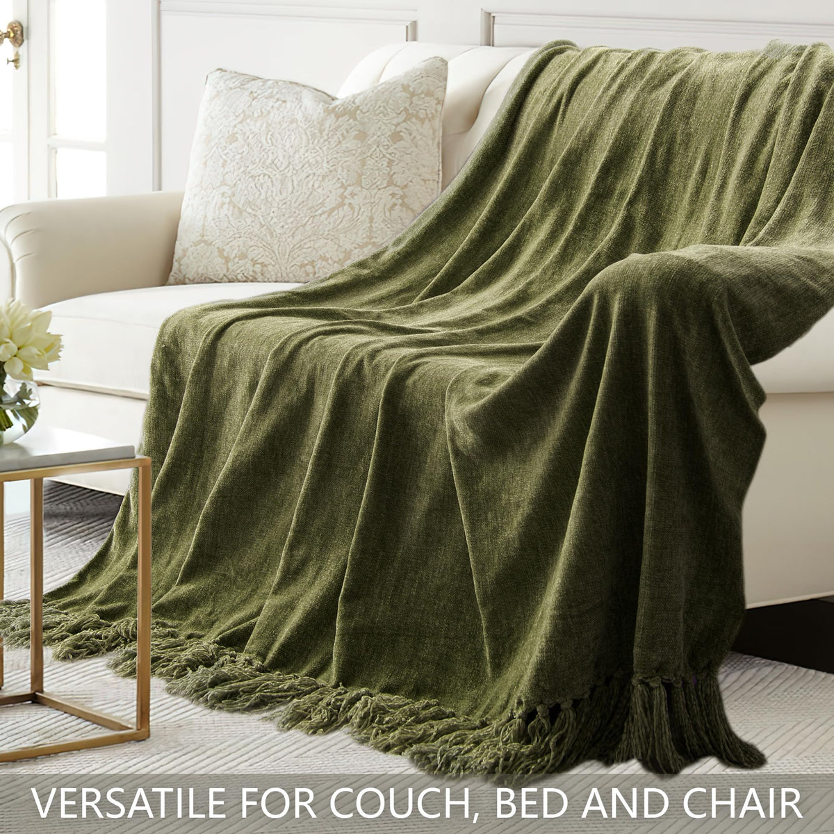 LONG CREATE chenille throw on bed in olive green for layered decor