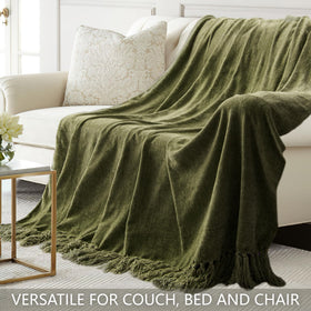 LONG CREATE chenille throw on bed in olive green for layered decor
