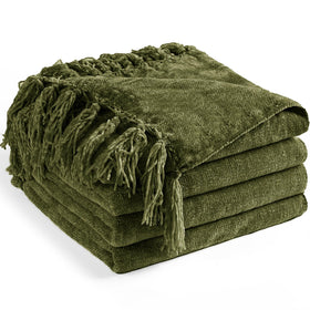 LONG CREATE chenille throw on living room couch in olive green for cozy evenings