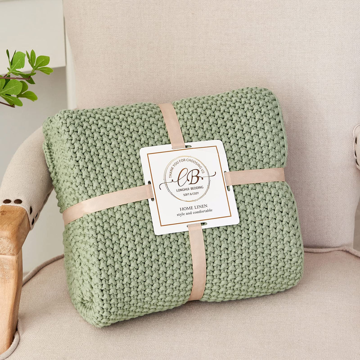 Longhui Bedding chunky knit blanket 51x63 inches in soft green versatile warmth