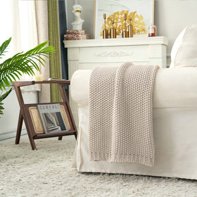 Longhui Bedding chunky knit throw beige folded to show compact storage