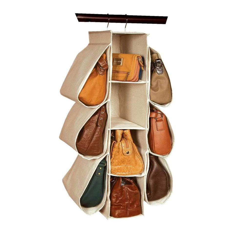 Longteam hanging purse organizer front view with spacious 10-pocket layout for easy access.
