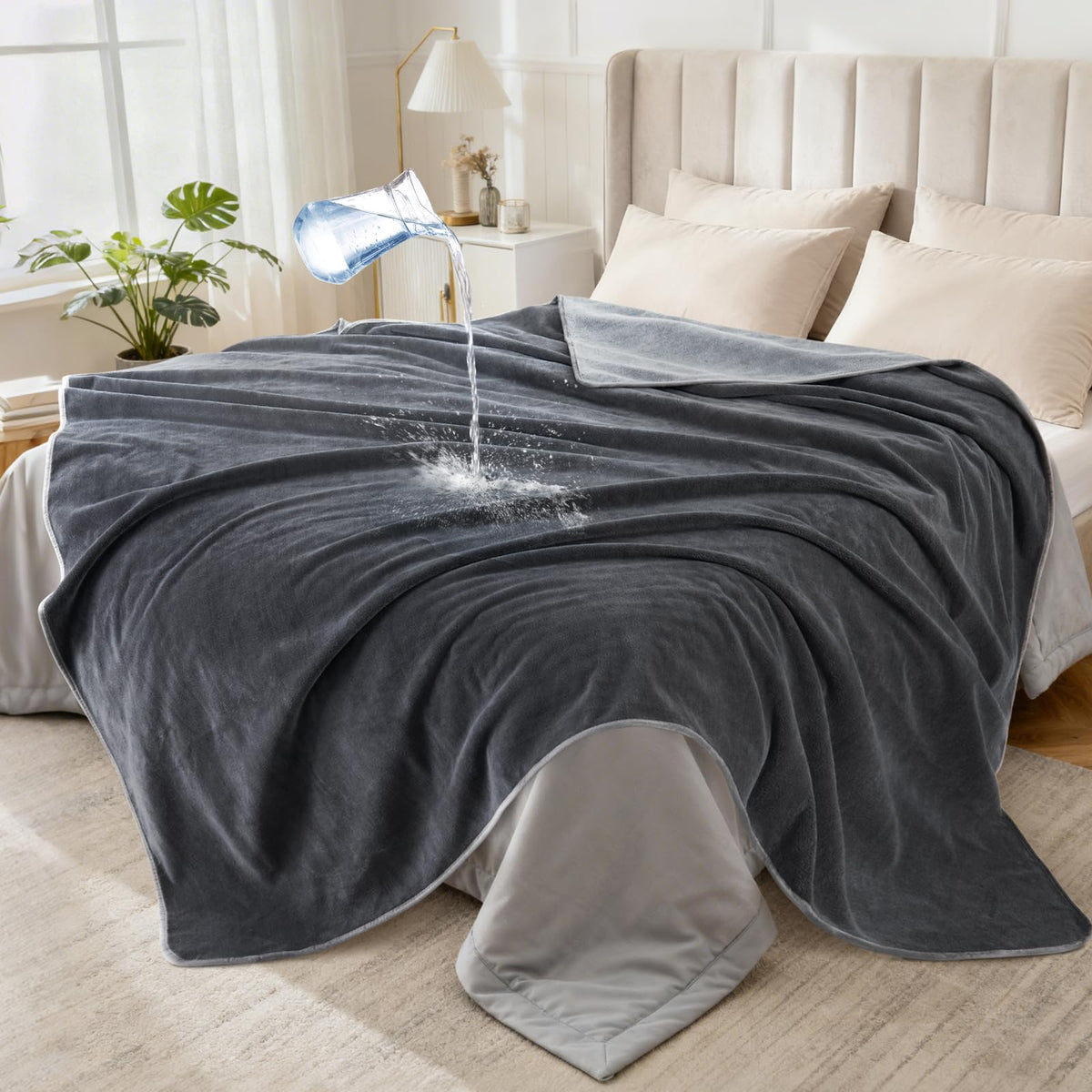 LOOBANI waterproof blanket on bed or sofa with triple-layer protection.