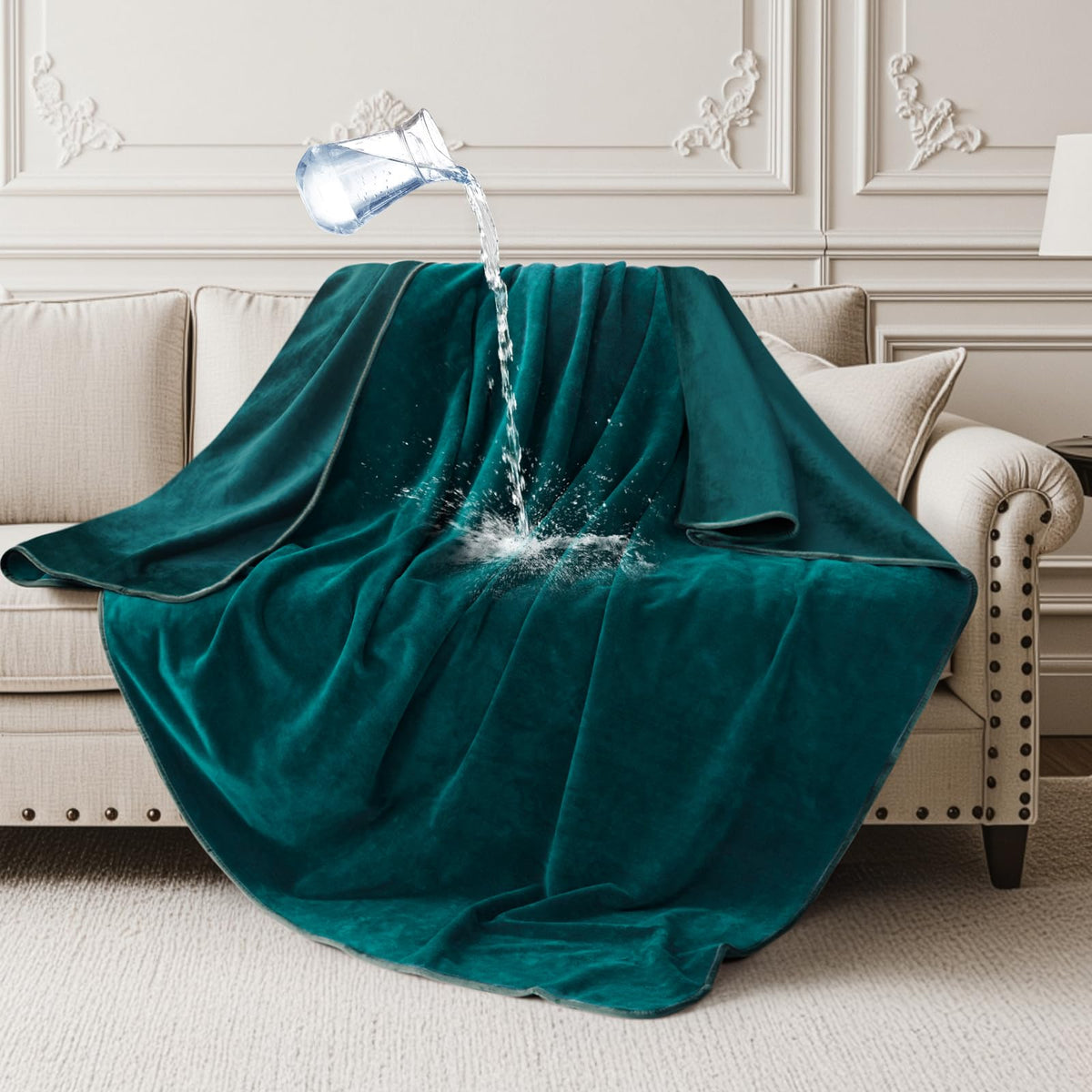 LOOBANI waterproof couch blanket on sofa in green protects against spills and stains.