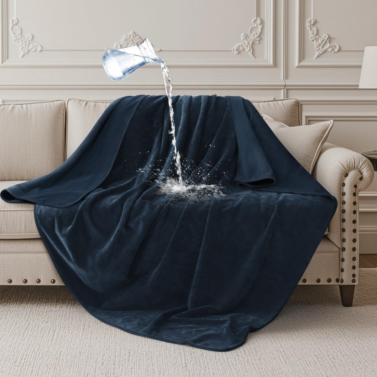 LOOBANI waterproof throw blanket on sofa, showing stain protection during daily use