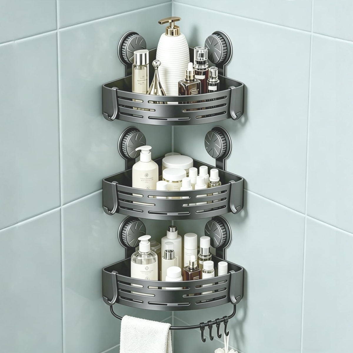 LOOCH corner shower caddy with twist-lock suction for secure bathroom storage.