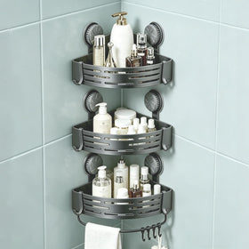 LOOCH corner shower caddy with twist-lock suction for secure bathroom storage.