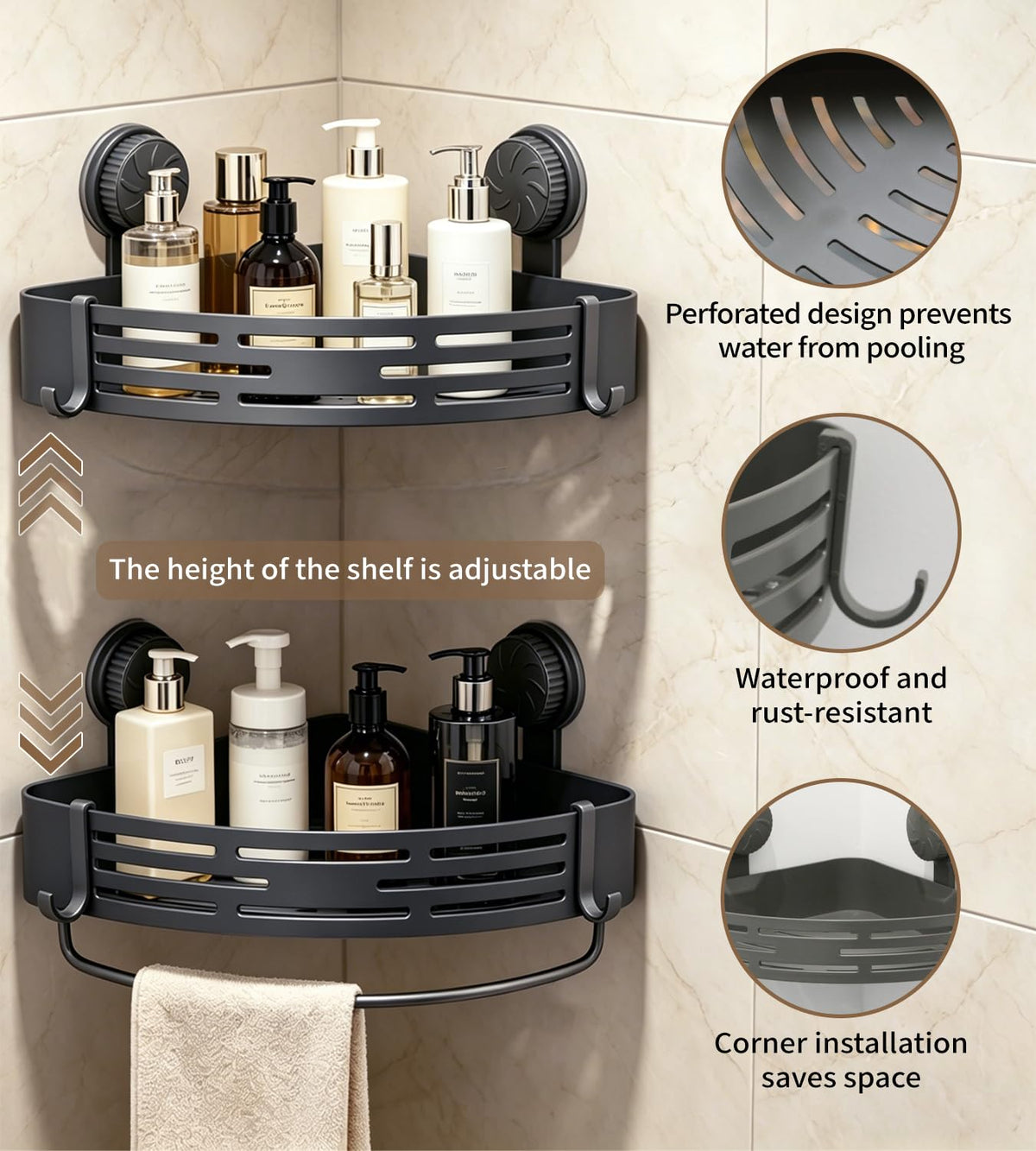 LOOCH shower caddy drain holes prevent pooling and residue.