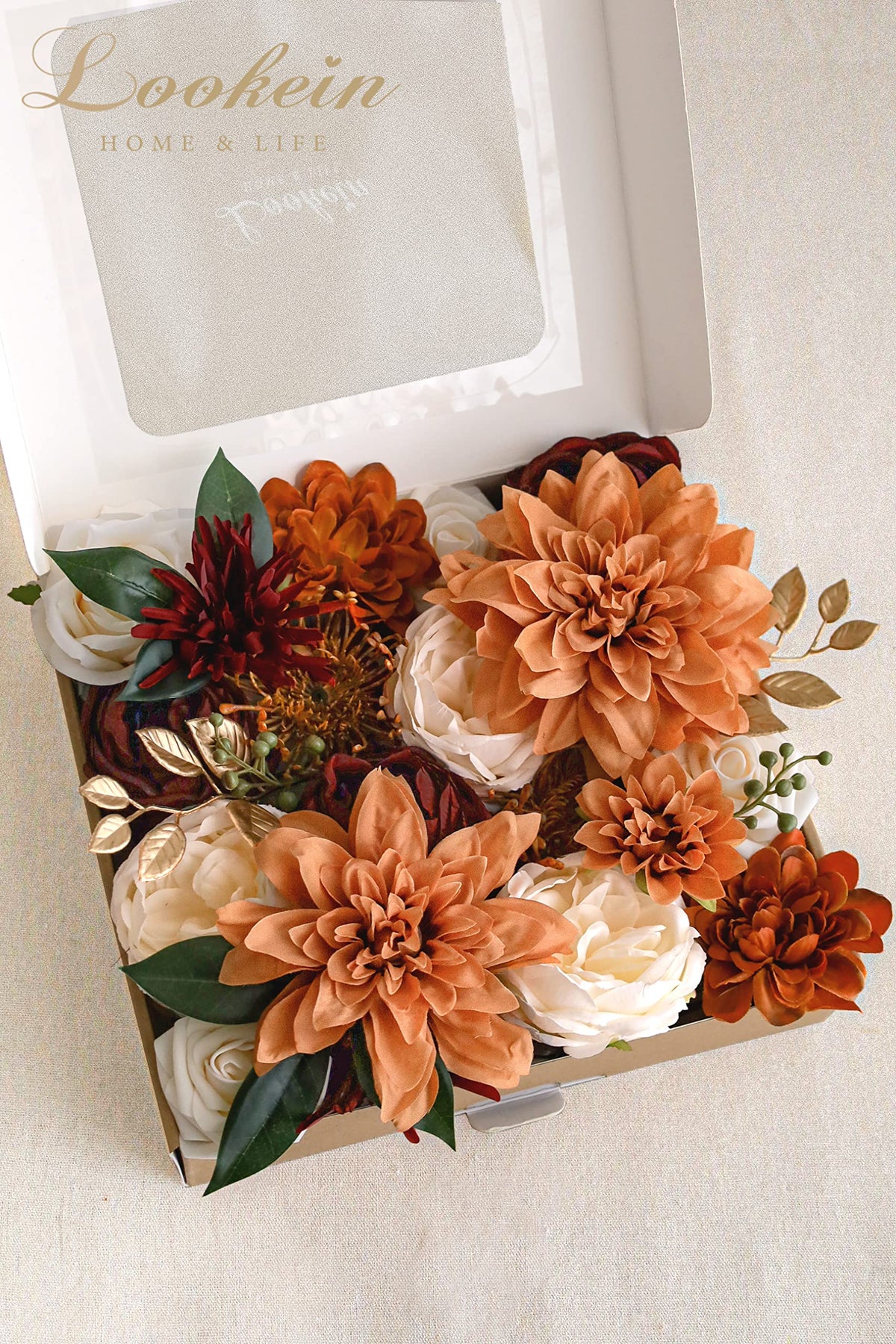 Lookein artificial flowers package contents showing variety and wire stems for easy setup.