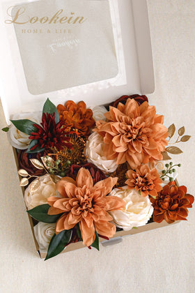 Lookein artificial flowers package contents showing variety and wire stems for easy setup.