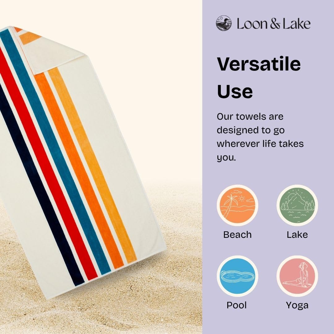 Loon & Lake retro stripes towel rolled for compact travel and storage.