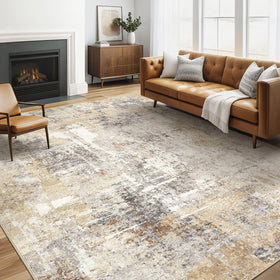 LOONGRUG 6x9 washable abstract rug shown in living room with gray and gold tones, easy care