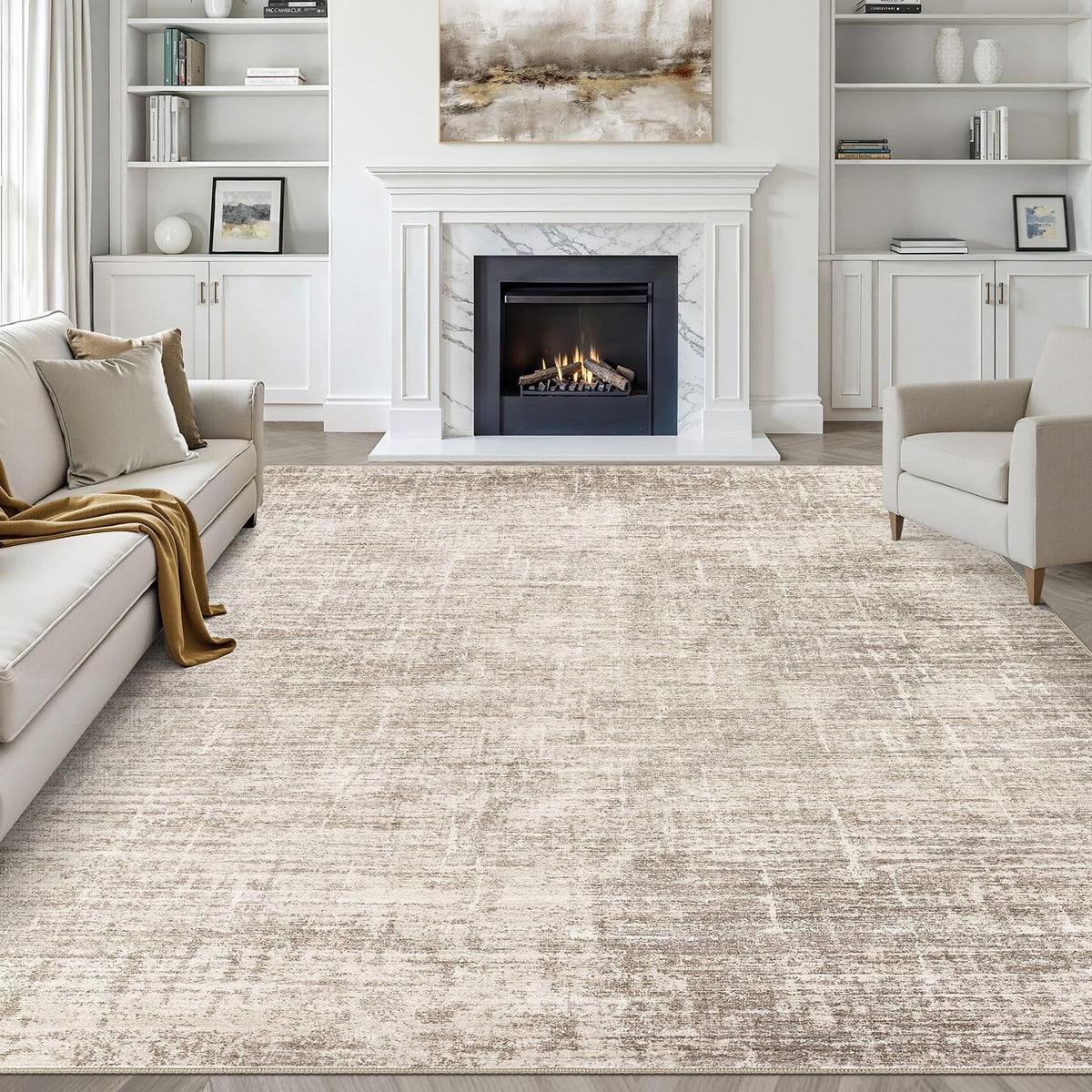 Loongrug 8x10 area rug in neutral brown abstract design, ideal for living rooms and busy spaces.