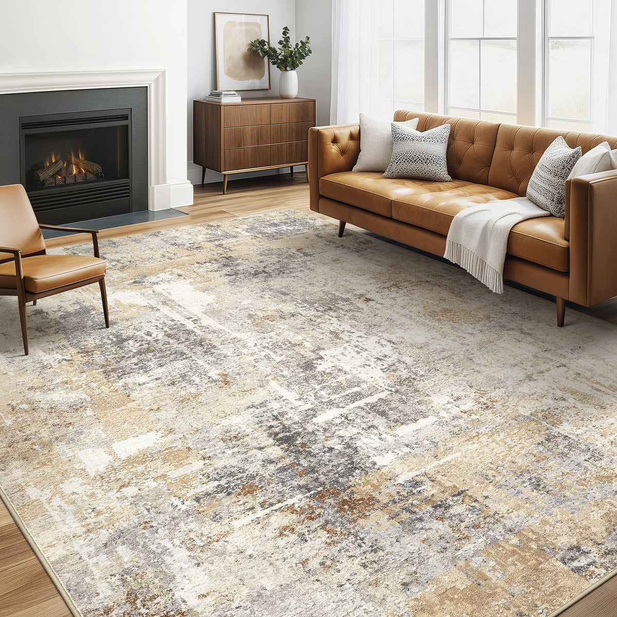 LOONGRUG area rug with gray-gold abstract design for living rooms and easy care