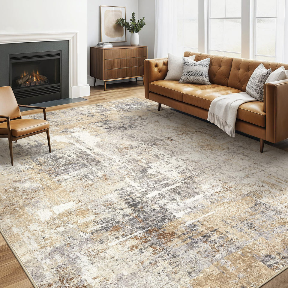 LOONGRUG area rug with gray-gold abstract design for living rooms and easy care