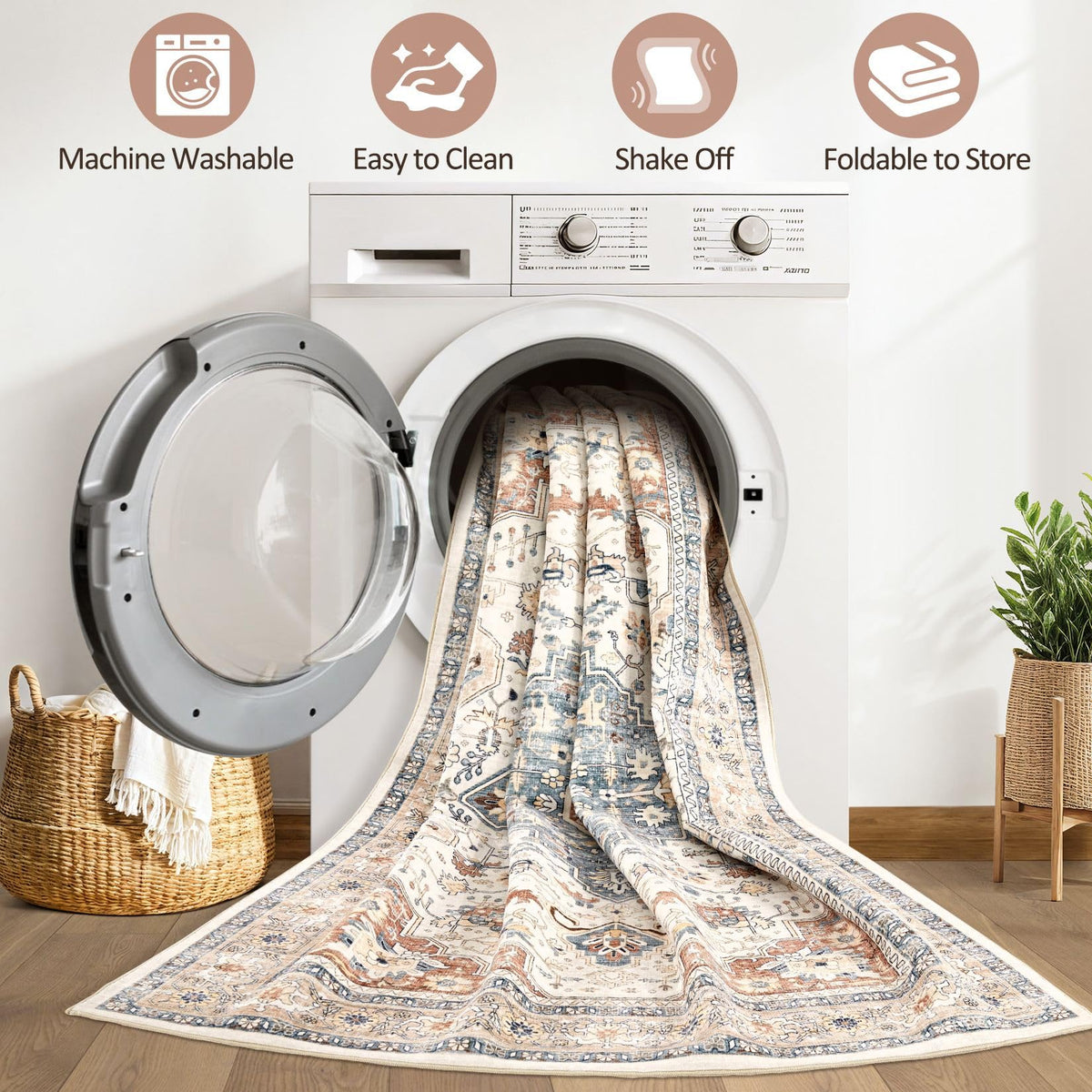 LOONGRUG distressed medallion beige-blue pattern adds vintage charm.